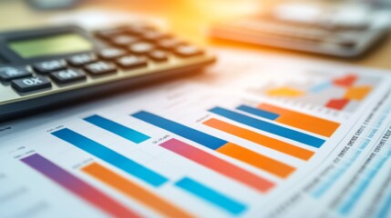 Poster - A close-up of a financial bar graph with rising bars, set against a backdrop of financial reports and a calculator, illustrating positive growth