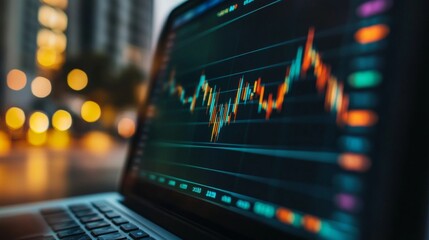 Wall Mural - A close-up of a financial chart displayed on a laptop screen, with arrows pointing up and down, representing market changes and financial data.