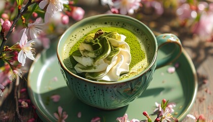 Wall Mural - Spring Bliss: Matcha Tea Delight with Whipped Cream and Blossoms on a Sunny Day