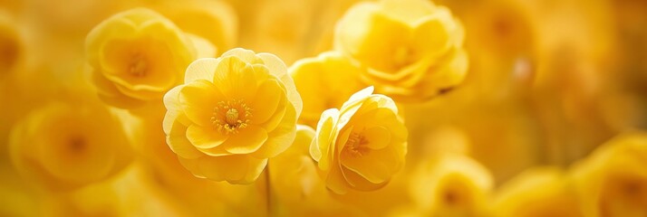 Close-up of vibrant yellow blossoms in full bloom with a blurred bokeh background, evoking a sense of joy and spring.