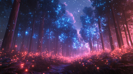 Wall Mural - vibrant and immersive digital forest scene filled with glowing blue and pink trees, creating magical