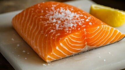 Wall Mural - A close-up of a raw salmon steak with vibrant orange flesh, displayed on a white cutting board with a sprinkle of sea salt and a slice of lemon for added freshness.