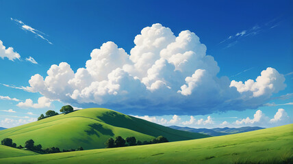 A single fluffy cloud drifts in a clear blue sky, casting a gentle shadow over the rolling green hills below.