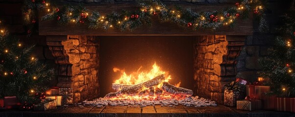 Wall Mural - A cozy fireplace adorned with Christmas decorations, radiating warmth and festive cheer, perfect for winter holiday scenes.