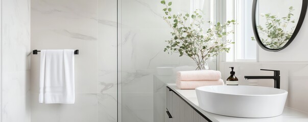 Frameless glass shower with matte black hardware and soft lighting, minimalist bathroom aesthetic, modern bold design