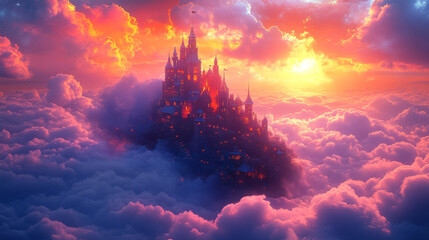 Wall Mural - surreal colorful castle floats majestically above sea of clouds, illuminated by vibrant sunset. scen
