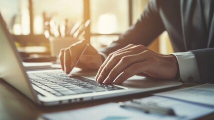 Aufkleber - A close-up of a young businessman hands typing on a laptop keyboard, with a focus on detailed work documents and office accessories on his desk.