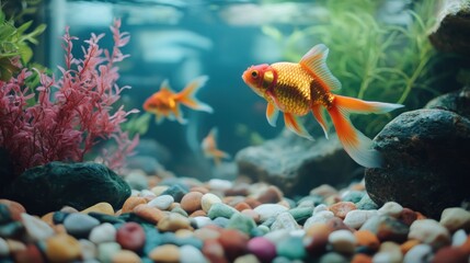 A goldfish swims in a freshwater aquarium with rocks and plants.