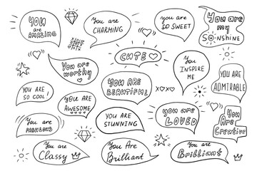 Cute set of speech bubbles with compliment phrases in doodle style. Self love quotes. Amazing, sweet, fabulous, stunning, beautiful, cool, worthy, inspire, awesome, classy, brilliant. Hand drawn