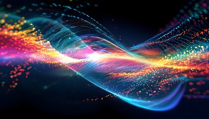 Wall Mural - Vibrant Digital Waves: An Abstract Representation of High-Speed Information Flow Through Colorful Data Streams and Light Particles