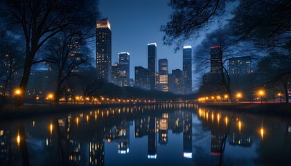 Wall Mural - Tranquil night cityscape with towering silhouettes, dusky sky, glowing streetlights, and lush trees creating a serene urban beauty