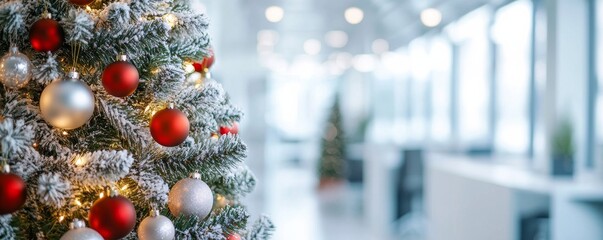 Wall Mural - Festive and seasonal happiness vibe. Xmas tree decoration in office space.