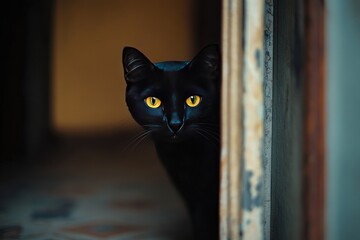 Poster - Black Cat with Bright Yellow Eyes Peeking Through a Doorway