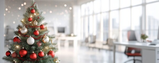 Wall Mural - Festive and seasonal happiness vibe. Xmas tree decoration in office space.