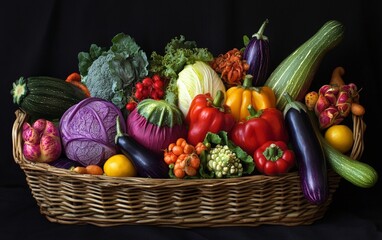 A basket filled with exotic vegetables, their bold colors and strange shapes creating a visual feast