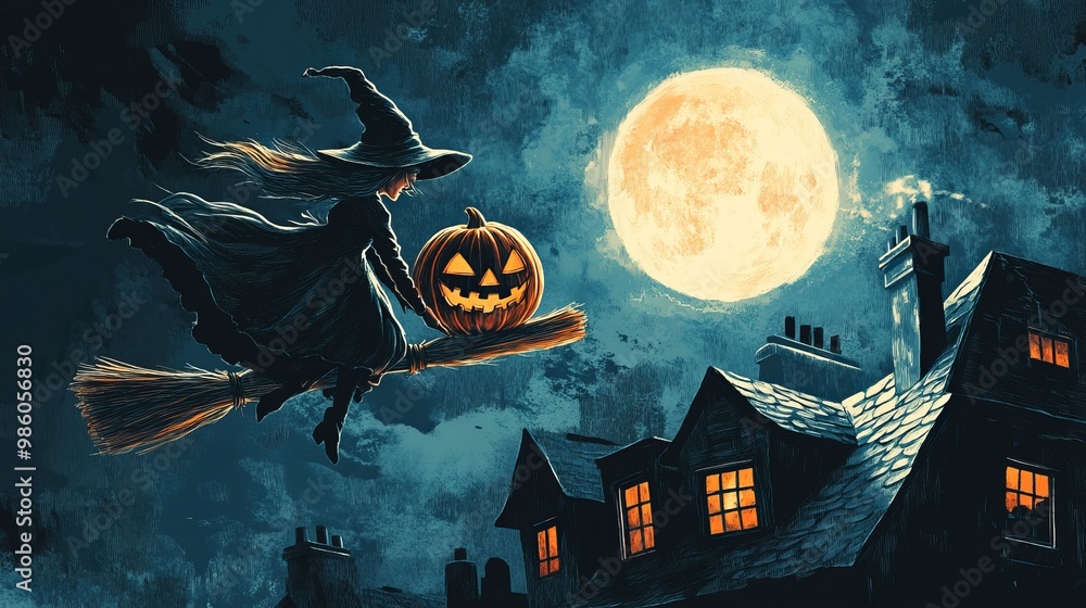 Witch flying on a broomstick with a pumpkin in hand, under a full moon ...