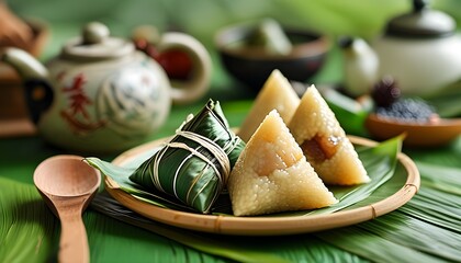 Wall Mural - Celebration of Dragon Boat Festival with traditional steamed rice dumplings on a vibrant green table