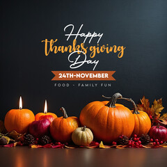 Happy thanks giving day message November greeting social media post pumkin autumn leaves candles