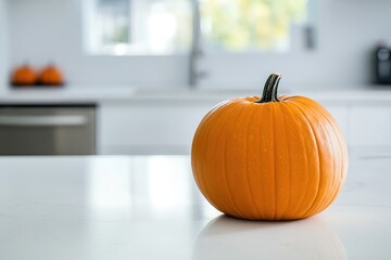 Sticker - Single Orange Pumpkin on White Kitchen Counter