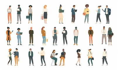 Businesspeople and office people collection - Set of  illustrations with various diverse character in casual professional clothes standing, using computers working and talking. Flat, Generative AI