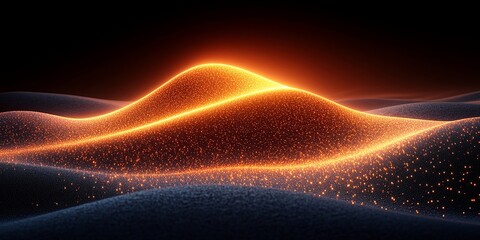 A glowing abstract landscape of undulating particles with a peak illuminated by a warm golden light