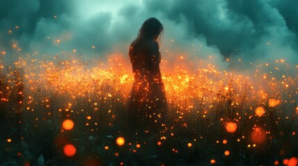 A woman stands in a field of glowing lights