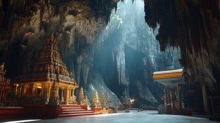 Wall Mural - Majestic limestone caves inside Batu Caves with empty shrines, the natural beauty undisturbed by crowds.