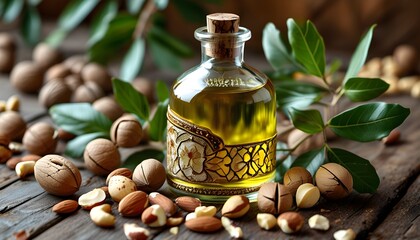 Wall Mural - Elegant display of luxury argan oil surrounded by argan nuts and fresh leaves