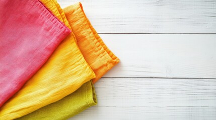 Wall Mural - Brightly colored kitchen towel spread on a white wooden background. The fabric's texture adds a cozy touch to the clean, minimal scene.