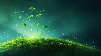 Wall Mural - A green field with leaves flying in the air