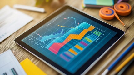 Aufkleber - A colorful financial line graph on a tablet screen, with various data points showing trends and changes in market dynamics, surrounded by office supplies.