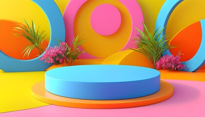 Wall Mural - Modern minimalist 3D design with a circular blue platform and vibrant yellow, orange, and pink accents evoking creativity and energy