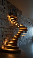 Surreal floating staircase of books leading to a radiant light source.