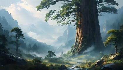 Wall Mural - Mystical forest scene featuring an ancient tree soaring into the sky, enveloped in a mist-filled valley, evoking peace and tranquility amidst natures mystery