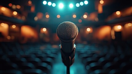 A dramatic close-up of the stage in a modern amphitheatre, with the spotlight focused on a single microphone. The rest of the scene is in shadow, emphasizing the importance of the moment and the