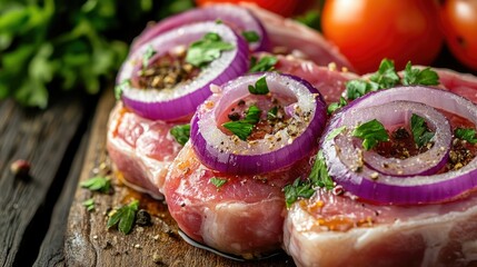 Wall Mural - Close-up of raw pork steaks with purple onion rings, parsley, and tomatoes, placed on a wooden surface ready for cooking