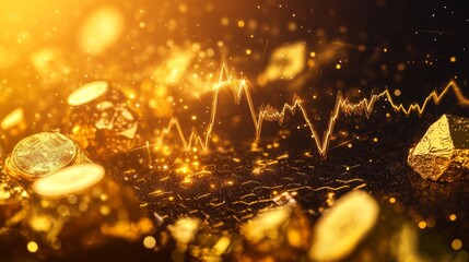 Poster - A conceptual image of gold price trends with a graph overlaid on a background of gold bullion and coins, emphasizing the connection between gold and financial markets