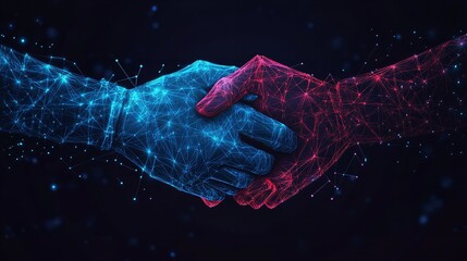 Abstract low poly agreement handshake. isolated on blue dark background. business partner connection concept. vector illustration futuristic modern design