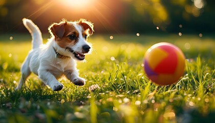 Wall Mural - Joyful Jack Russell Terrier puppy gleefully chasing a vibrant ball in a sunlit grassy field, embodying energy, youth, and the delight of outdoor playfulness