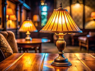 A vintage lamp rests on a wooden table, casting warm light that fills the dimly lit room with a cozy and inviting ambiance.