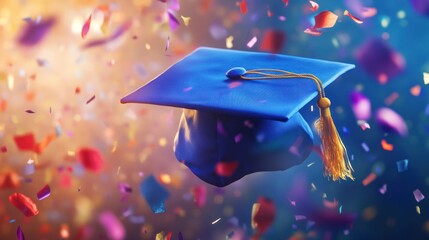 Blue graduation cap with gold tassel falling through colorful confetti.