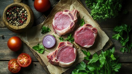 Wall Mural - Fresh raw pork steaks with purple onions, parsley, and tomatoes, placed on a rustic table for a fresh, hearty meal concept