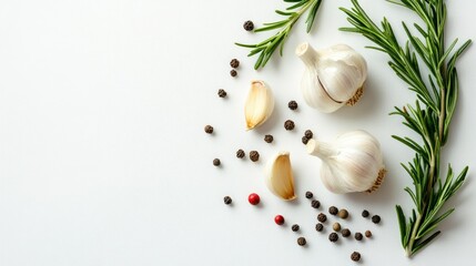 Wall Mural - Garlic bulbs, rosemary sprigs, and peppercorns scattered on a white background, with ample space for text. Top view.