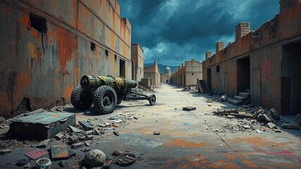 Wall Mural - A worn, concrete-walled ruins scene featuring a mounted mortar tube with wheels and camouflage covering, surrounded by scattered debris and crumbled buildings in the near distance.