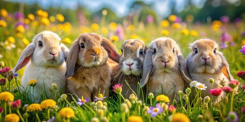 Charming lop bunnies relax side by side in a sunlit green meadow, surrounded by vibrant wildflowers, creating a picturesque scene of natural beauty and tranquility.