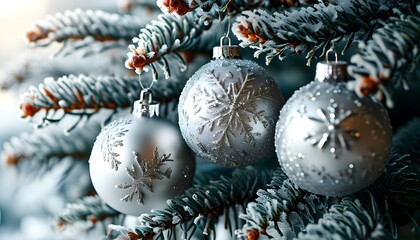 Poster - Silver Christmas Ornaments Adorn Frosted Pine Branches, Capturing Winters Essence and the Spirit of Celebration and New Beginnings