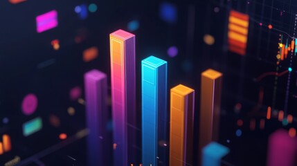 Poster - A detailed 3D bar graph with different colored bars rising and falling, set against a dark background with financial icons in the backdrop.