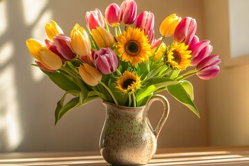 Wall Mural - Sunlit Bouquet of Tulips and Sunflowers