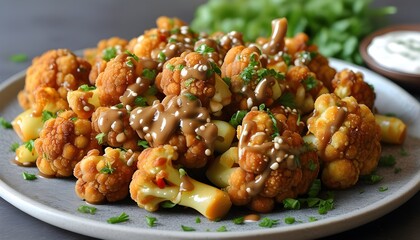 Wall Mural - Crispy cauliflower wings accompanied by rich vegan ranch dressing