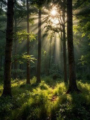 Poster - Tranquil forest clearing with sun rays.